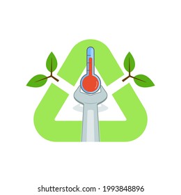 Wrench gripping thermometer inside recycling triangle symbol. Being eco-friendly is a fix for rising temperature. Vector illustration outline flat design style.