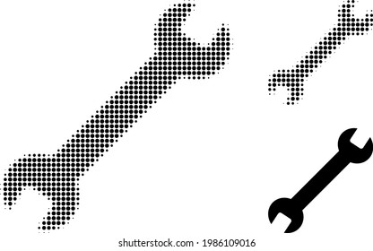 Wrench halftone dotted icon. Halftone array contains circle elements. Vector illustration of wrench icon on a white background.