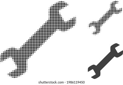Wrench halftone dotted icon. Halftone pattern contains round pixels. Vector illustration of wrench icon on a white background.