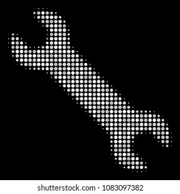 Wrench halftone vector icon. Illustration style is pixelated iconic wrench symbol on a black background. Halftone texture is constructed with circle blots.
