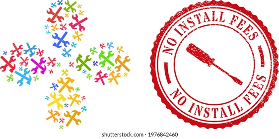 Wrench and hammer colored exploding motion, and red round NO INSTALL FEES rubber stamp imitation. Wrench and hammer symbol inside round stamp imitation.