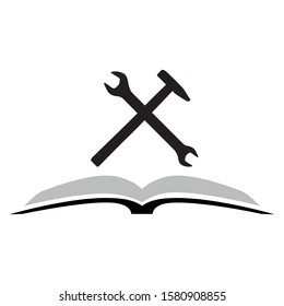 wrench and hammer comes out from open book, vector
