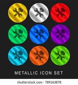 Wrench and hammer cross 9 color metallic chromium icon or logo set including gold and silver