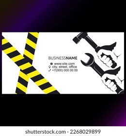 Wrench and hammer in hand repair business card concept
