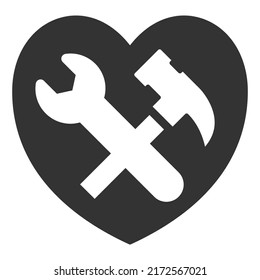 Llave y martillo en el corazón, herramientas para el trabajo - signo vectorial, icono web, ilustración sobre fondo blanco, estilo glifo