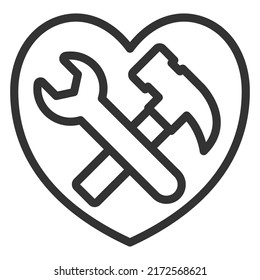Wrench and hammer in the heart, tools for work - vector sign, web icon, illustration on a white background, outline style