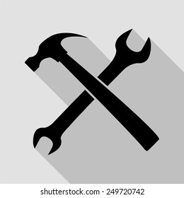 wrench and hammer icon - black illustration with long shadow