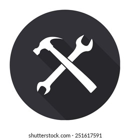 wrench and hammer icon with long shadow - vector round button