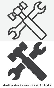 Llave e icono de martillo en diferentes estilos. Icono de línea, contorno y sólido con signo y Vector de trazo editable. Icono de la herramienta para el trabajo de ingeniería.
