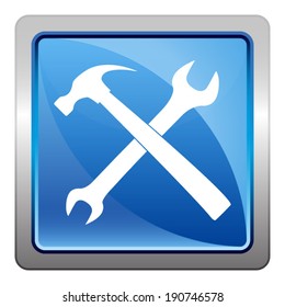 wrench and hammer icon - squared vector button isolated on blue