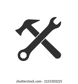 Schraubenschlüssel und Hammer-Symbol-Vektorgrafik. Tischlerwerkzeuge, Hausbauwerkzeuge, Möbelreparaturen und mehr
