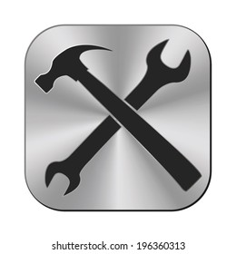 wrench and hammer icon - vector metal button