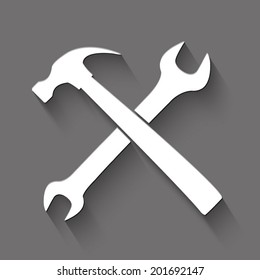 wrench and hammer icon - white vector illustration with shadow on gray background