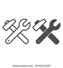 Wrench and hammer line and solid icon, repair service concept. Vector graphics. Repair tools sign on white background, outline style icon for mobile or web design