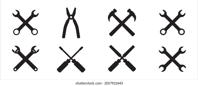 Wrench, hammer and metal file icon vector set. Spanner and screw driver icons. Cross placed workshop hand tool. Inside circle icons vector illustration.