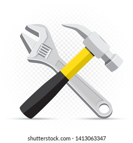 Wrench and hammer repair icon on white transparent background. Work equipment sign. Industrial tool symbol