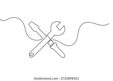Chave de fenda martelo e chave de fenda desenho contínuo de uma linha ilustração vetor contorno ferramenta minimalista
