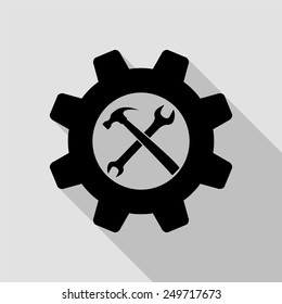 wrench and hammer settings icon - black illustration with long shadow