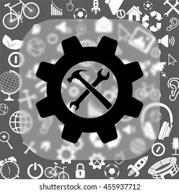 wrench and hammer - settings vector icon - matte glass button on background consisting of different icons