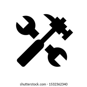 Wrench and hammer shapes, label or emblem with building equipments in black color, spanner instrument on white, creative idea of constructing vector