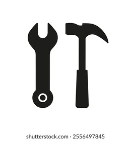 Wrench and Hammer Silhouette Icon for Technical Support and Repair Services. Construction and Repair Tool Glyph Symbol. Maintenance and Service. Isolated Vector Illustration.