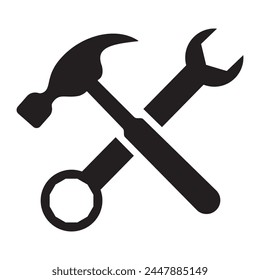 Llave y martillo silueta, icono, diseño de Vector. Logotipo de construcción, ícono de herramientas, diseño de Vector para logotipo, App y Diseño web.