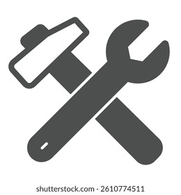 Wrench and hammer solid icon, repair service concept. Vector graphics. Repair tools sign on white background, glyph style icon for mobile or web design