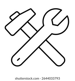 Wrench and hammer thin line icon, repair service concept. Vector graphics. Repair tools sign on white background, style mobile or design