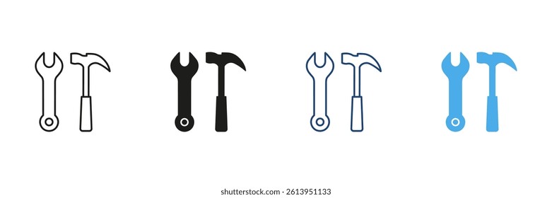 Wrench And Hammer Tool Icon Set. Construction, Repair, And Maintenance Outline And Silhouette Symbol Collection. Diy And Handyman Tools. Isolated Vector Illustration.