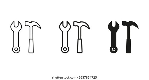 Wrench And Hammer Tool Icon Set. Construction, Repair, And Maintenance Outline And Silhouette Symbol Collection. Diy And Handyman Tools. Isolated Vector Illustration.