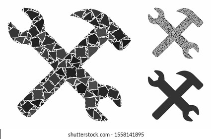 Wrench and hammer tools composition of trembly elements in various sizes and color hues, based on wrench and hammer tools icon. Vector trembly parts are composed into collage.