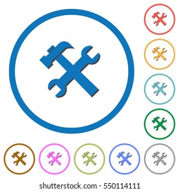 Wrench and hammer tools flat color vector icons with shadows in round outlines on white background