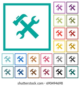 Wrench and hammer tools flat color icons with quadrant frames on white background