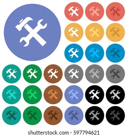 Wrench and hammer tools multi colored flat icons on round backgrounds. Included white, light and dark icon variations for hover and active status effects, and bonus shades on black backgounds.