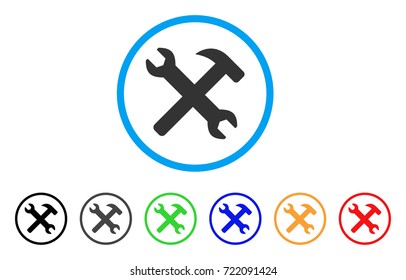 Wrench And Hammer Tools rounded icon. Style is a flat wrench and hammer tools gray symbol inside light blue circle with black, gray, green, blue, red, orange color versions.