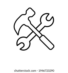 Wrench and hammer or tools thin line icon in black. Trendy flat style isolated symbol, can be used for: illustration, minimal, logo, mobile, app, emblem, design, web, site, ui, ux. Vector EPS 10