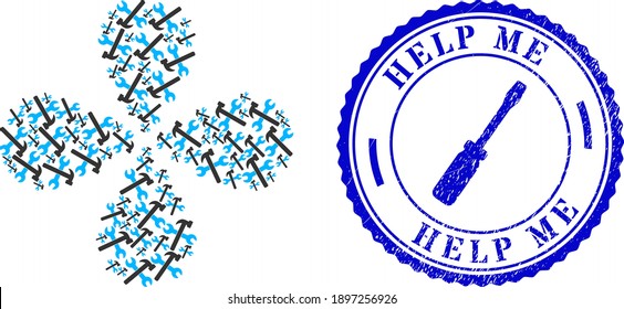 Wrench and hammer twirl abstract flower, and blue round HELP ME rough stamp with icon inside. Object flower designed from oriented wrench and hammer items. Vector flower collage in flat style.