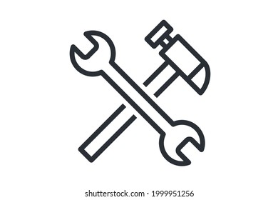 Icono del vector de la llave y el martillo bajo el símbolo de construcción