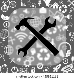 wrench and hammer vector icon - matte glass button on background consisting of different icons