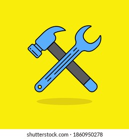 Wrench and hammer vector isolated on yellow background suitable for industrial concept illustration. Linear color style of wrench and hammer icon 