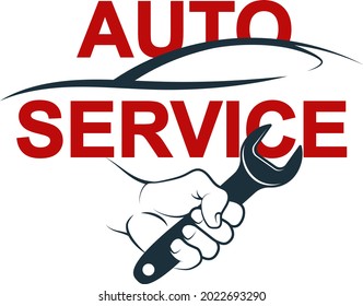 Wrench in hand auto mechanics. Car repair symbol