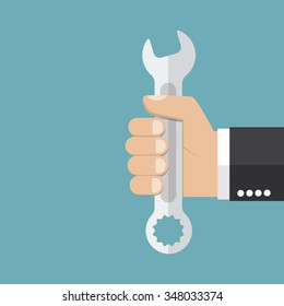 Wrench in hand. Can be the background of the technical service, repairs, customer support and other mechanical processes. Vector illustration, flat style