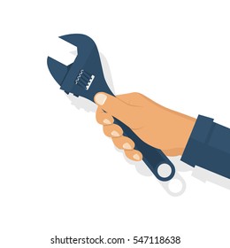 Wrench in hand. Can be the background of the technical service, repairs, customer support and other mechanical processes. Vector illustration, flat design style.