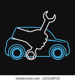 Wrench in hand and car silhouette. Repair and service auto sign