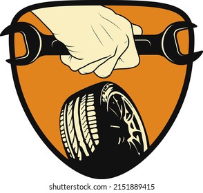 Wrench in hand and car tire. Symbol for car tire repair. Car repair and service