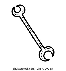 Wrench hand drawn doodle. Tool for tightening and loosening nuts and hex bolts. Workshop equipment. Fork-shaped metal device. Vector line art illustration.