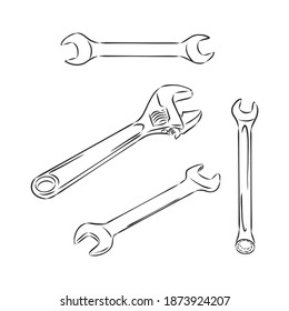 Wrench. Hand drawn in a graphic style. Vintage vector engraving illustration for poster, web. Isolated on white background. wrench vector sketch illustration
