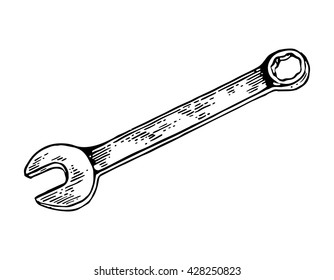 Wrench. Hand drawn in a graphic style. Vintage vector engraving illustration for poster, web. Isolated on white background