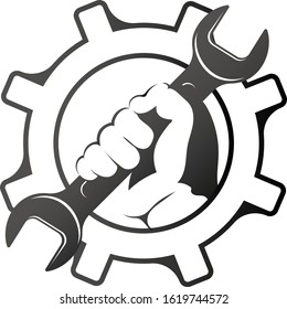 Wrench in hand and gear repair and service symbol