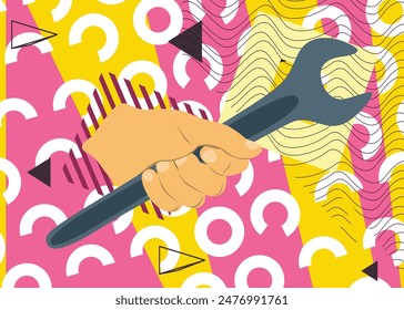 Wrench in hand, geometrical graphic retro theme background. Minimal geometric elements. Vintage abstract shapes vector illustration.